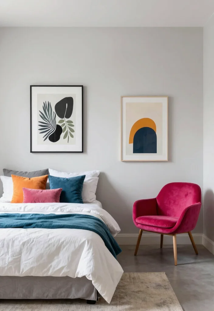 25 Colorful Bedroom Ideas That Bring Energy and Joy 7. Bright Accents Against Neutral Backgrounds 0