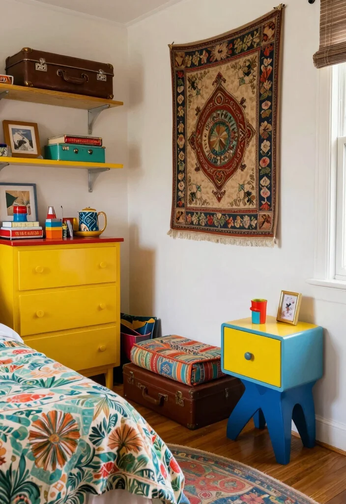 25 Colorful Bedroom Ideas That Bring Energy and Joy 8. Upcycled Vintage Finds 0