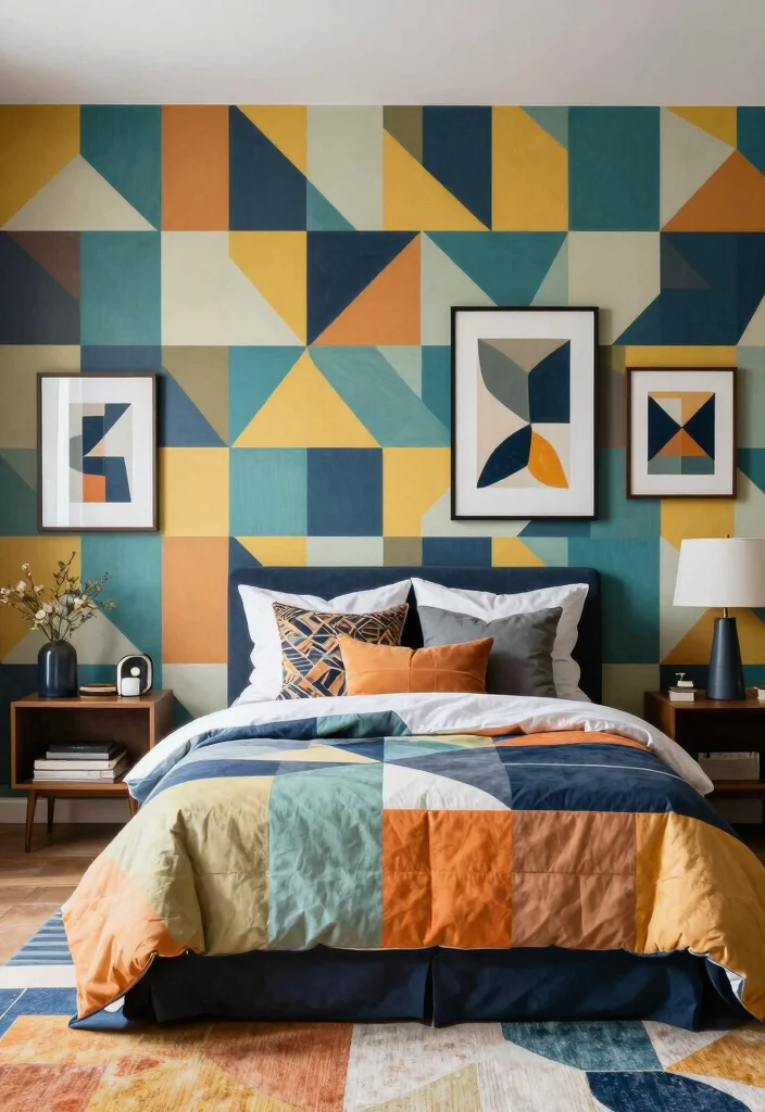 25 Colorful Bedroom Ideas That Bring Energy and Joy 9. Energetic Geometric Patterns 0