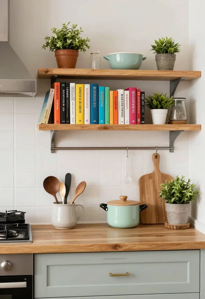 25 Galley Kitchen Ideas That Make Small Spaces Shine 22. Personalized Cookbooks Display 0
