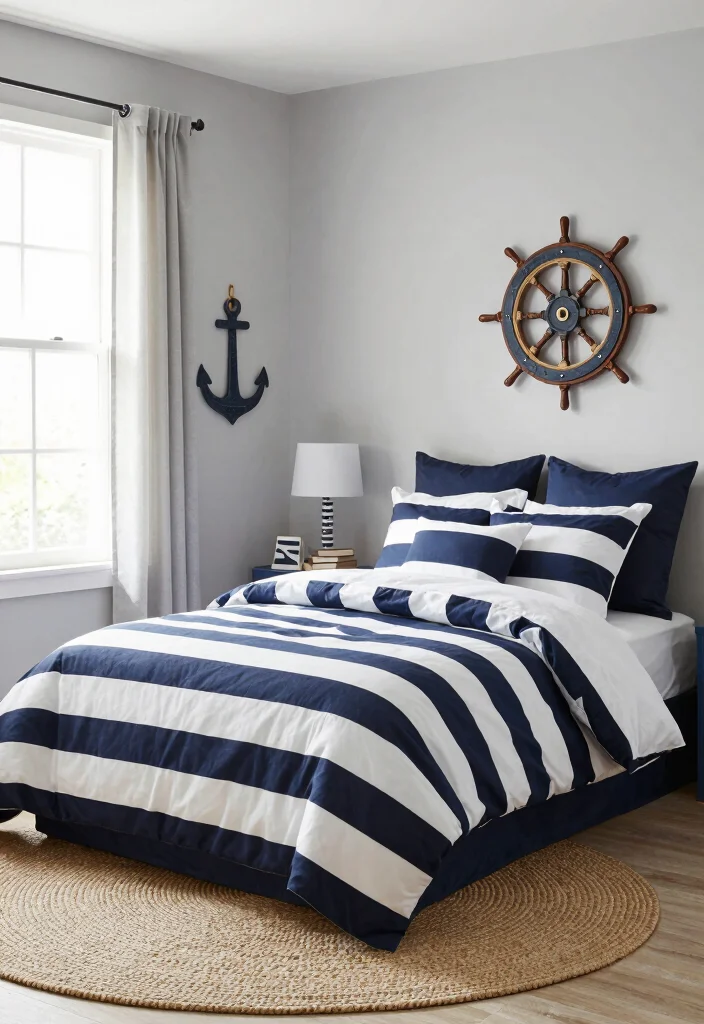 30 Coastal Bedroom Ideas for a Breezy Beachy Vibe 2. Nautical Stripes for a Bold Look 0
