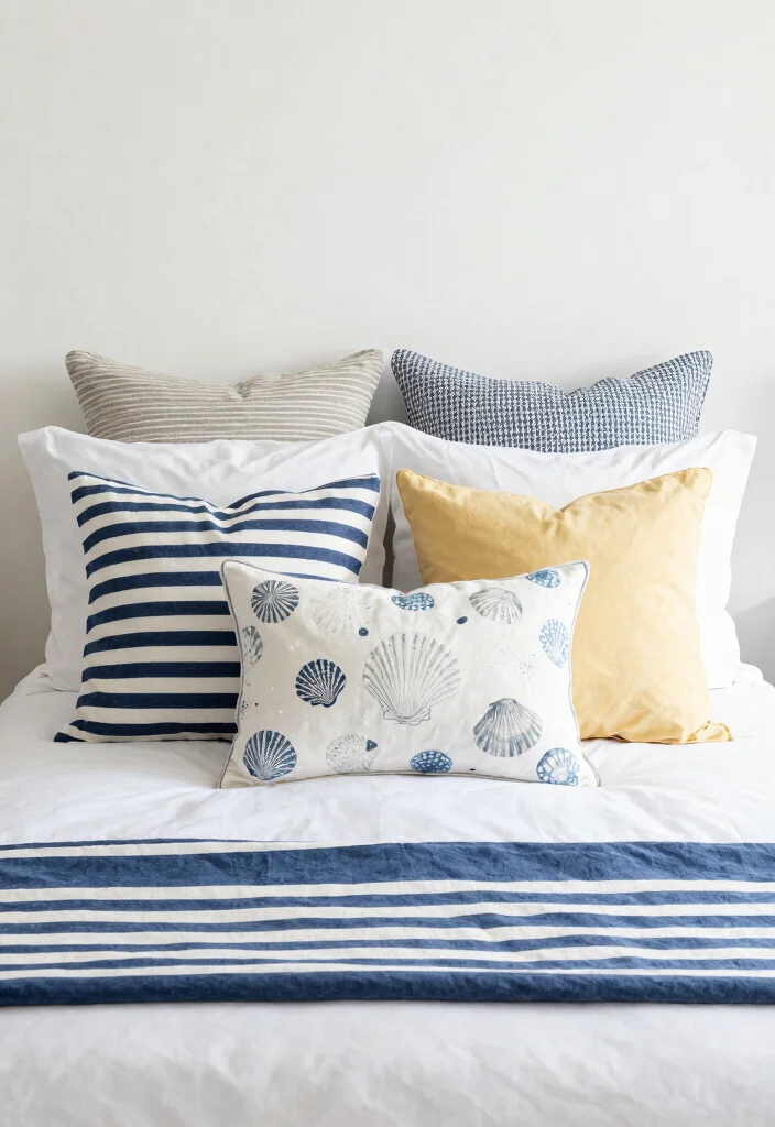 30 Coastal Bedroom Ideas for a Breezy Beachy Vibe 27. Beachy Decorative Pillows 0