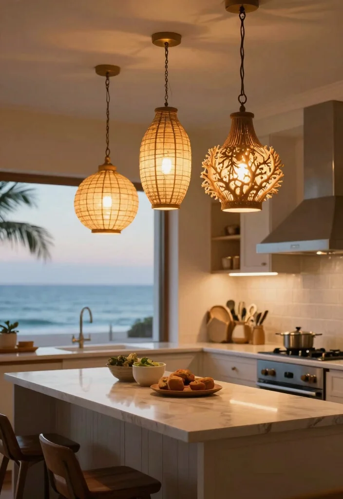 30 Coastal Kitchen Ideas for a Breezy Beach Vibe 11. Unique Lighting Fixtures Bring the Ocean Home 0