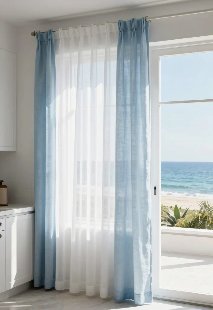 30 Coastal Kitchen Ideas for a Breezy Beach Vibe 16. Bright and Airy Window Treatments 0
