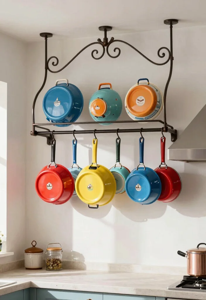 30 Coastal Kitchen Ideas for a Breezy Beach Vibe 17. Decorative Pot Racks A Practical Touch 0