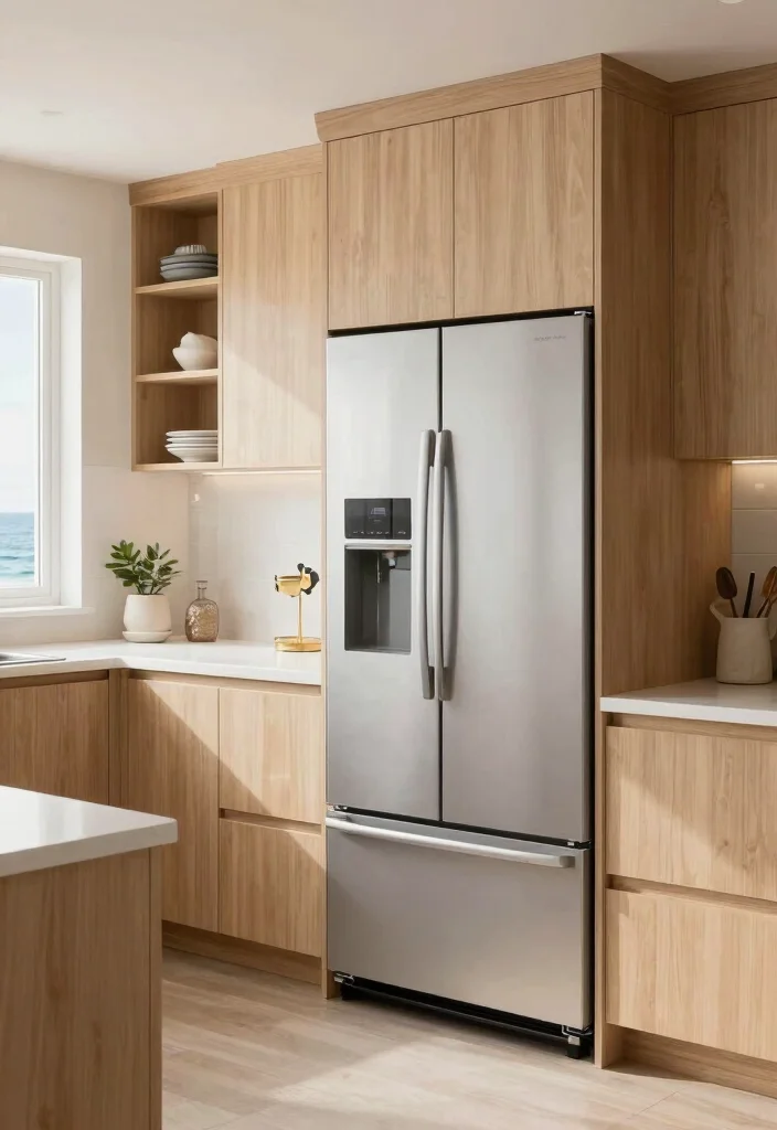 30 Coastal Kitchen Ideas for a Breezy Beach Vibe 19. Integrated Appliances for a Sleek Look 0