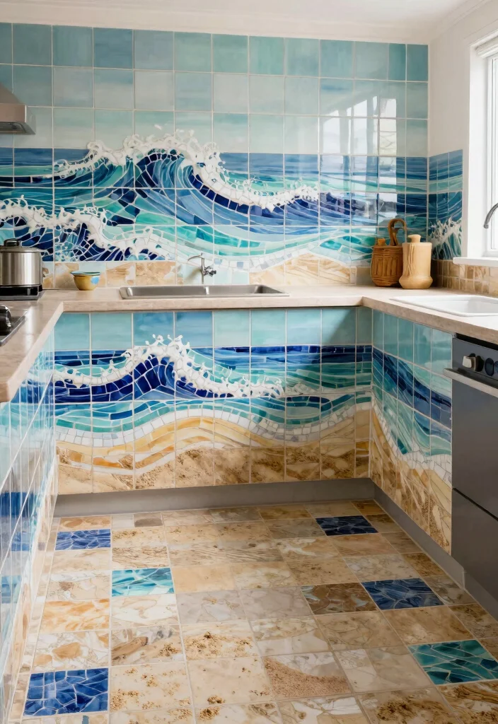 30 Coastal Kitchen Ideas for a Breezy Beach Vibe 20. Creative Use of Tiles for a Coastal Feel 0