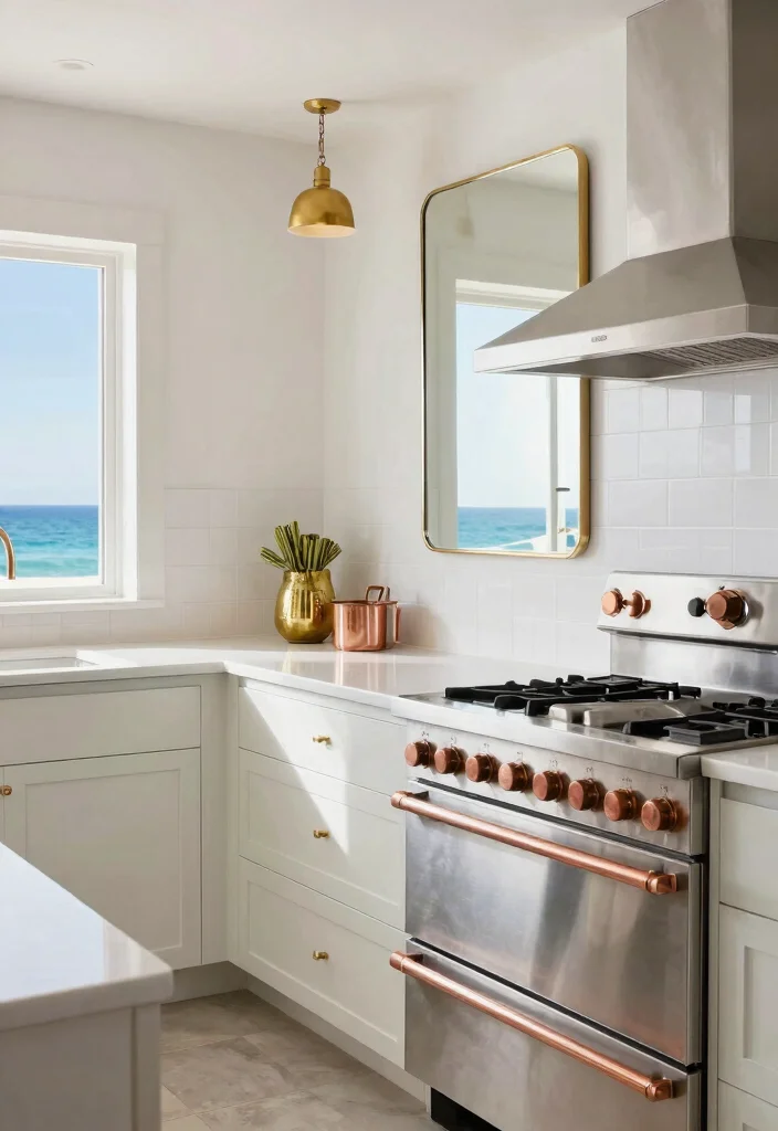 30 Coastal Kitchen Ideas for a Breezy Beach Vibe 26. Bright Metallic Accents 0