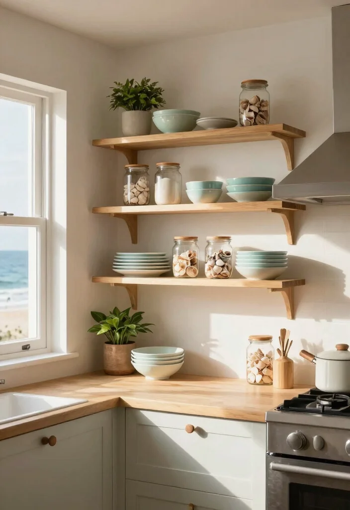 30 Coastal Kitchen Ideas for a Breezy Beach Vibe 3. Open Shelving for Functionality and Style 0