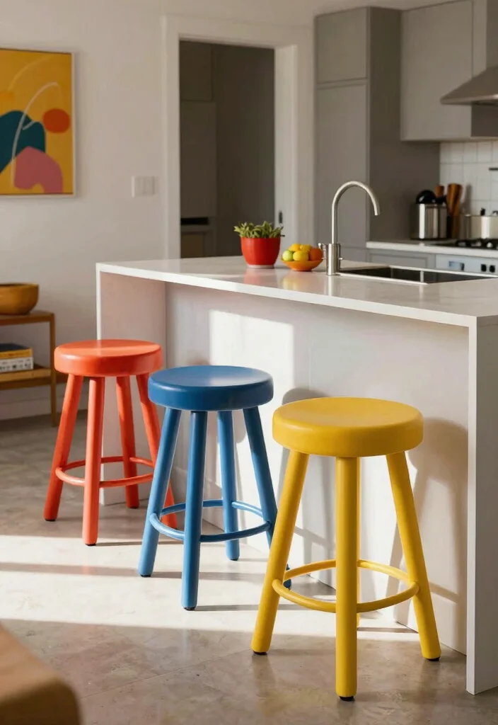 30 Colorful Kitchen Ideas That Bring Joy and Energy 13. Funky Bar Stools 0