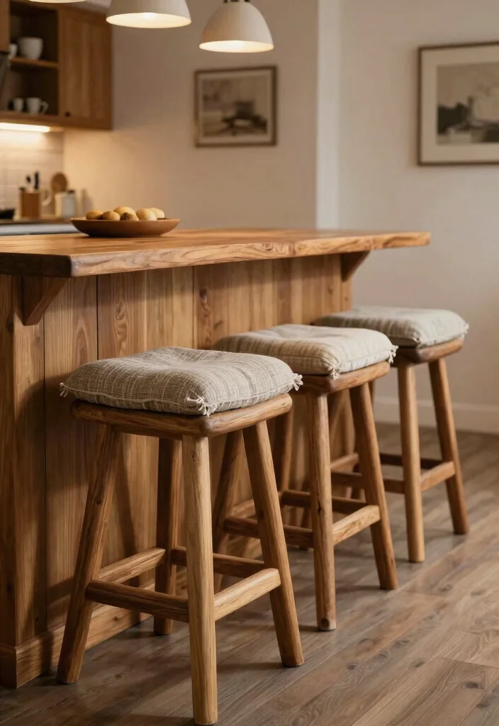 30 Cozy Kitchen Ideas That Feel Warm and Inviting 12. Rustic Barstools 0