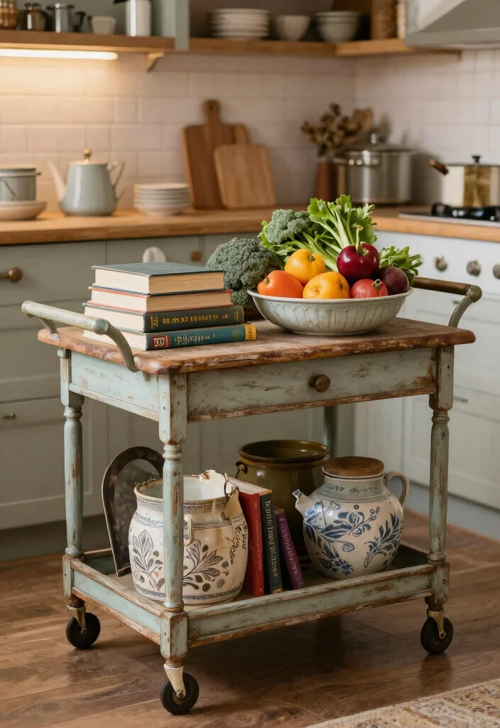 30 Cozy Kitchen Ideas That Feel Warm and Inviting 23. Vintage Serving Carts 0