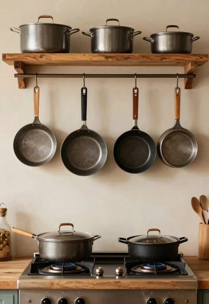 30 Cozy Kitchen Ideas That Feel Warm and Inviting 26. Essential Cookware Display 0