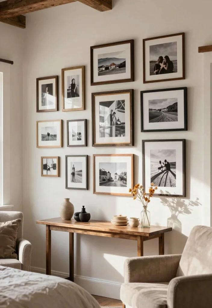30 Farmhouse Bedroom Ideas with Rustic Charm 19. Gallery Walls for Personalization 0