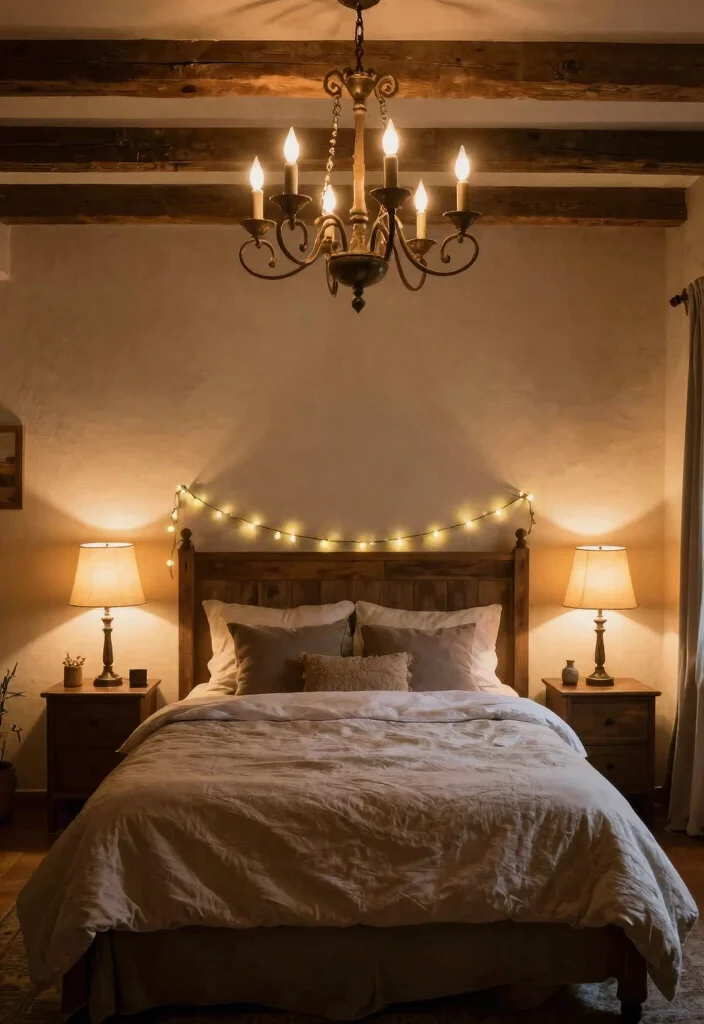 30 Farmhouse Bedroom Ideas with Rustic Charm 23. Beautifully Layered Lighting 0