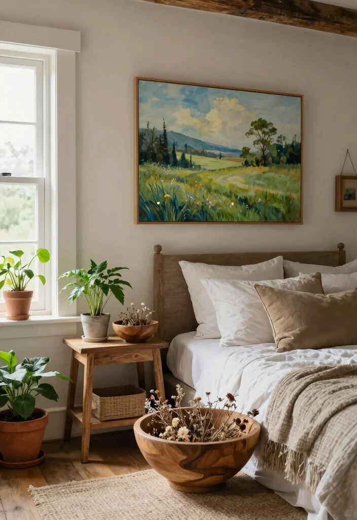 30 Farmhouse Bedroom Ideas with Rustic Charm 28. Nature Inspired Accents 0