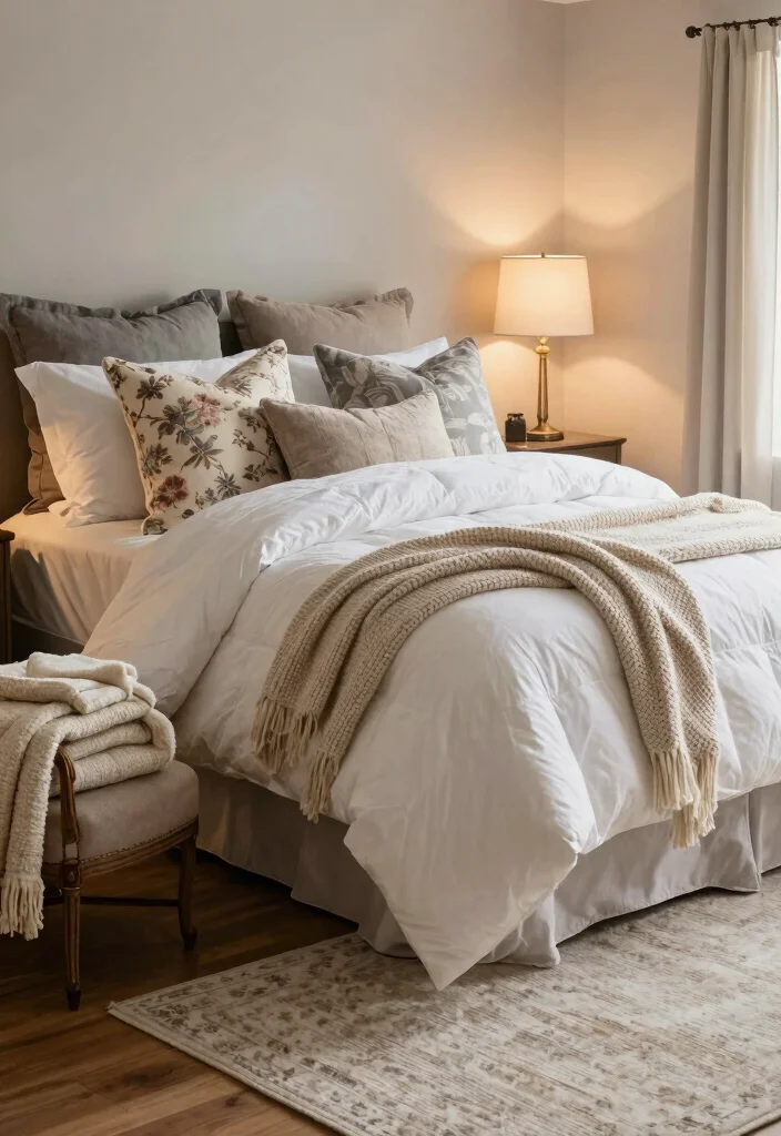 30 Farmhouse Bedroom Ideas with Rustic Charm 4. Cozy Layering Techniques 0