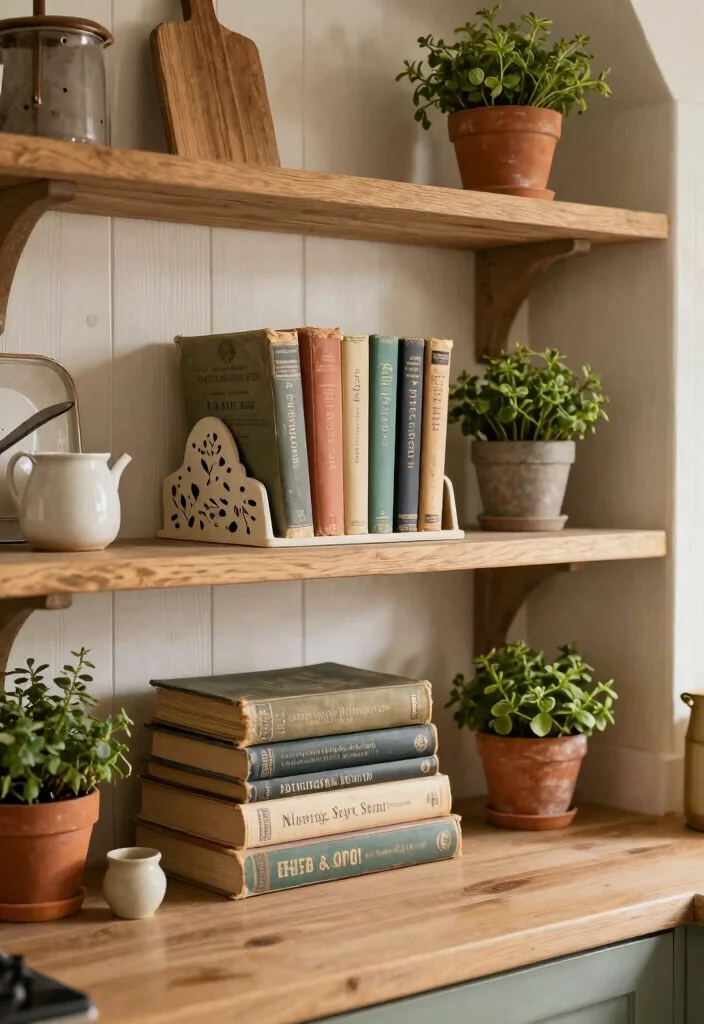 30 Farmhouse Kitchen Ideas Full of Rustic Charm 11. Vintage Cookbook Display 0