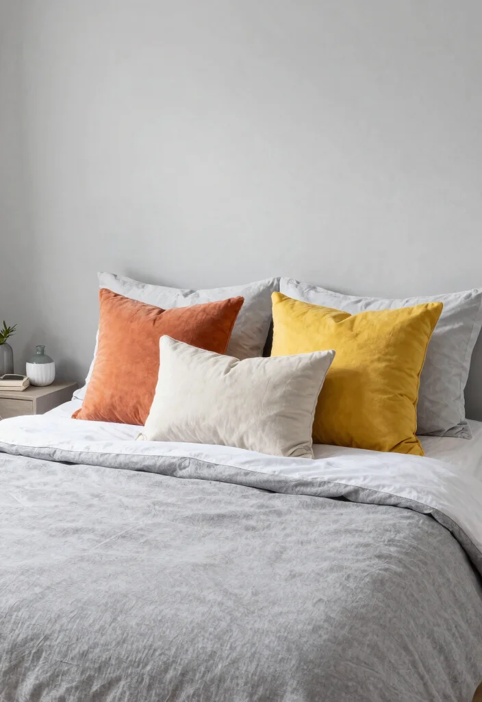 30 Grey Bedroom Ideas for a Calm Timeless Look 36 30 Grey Bedroom Ideas for a Calm Timeless Look 6. Grey Bedding with Colorful Throw Pillows 0