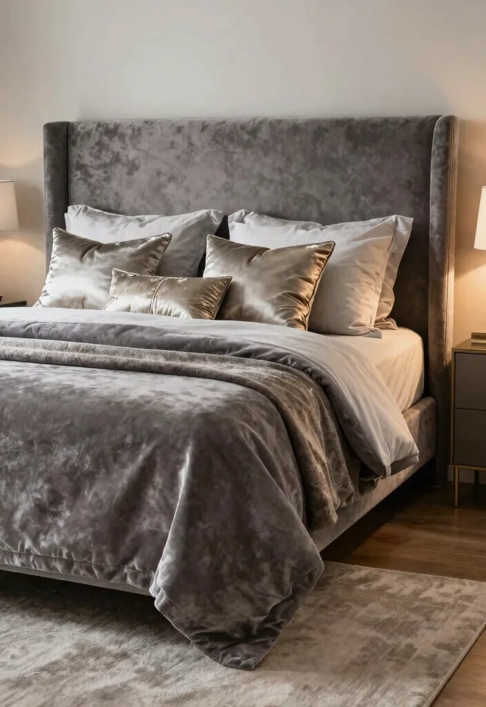 30 Grey Bedroom Ideas for a Calm Timeless Look 37 30 Grey Bedroom Ideas for a Calm Timeless Look 7. Luxurious Grey Velvet Touches 0