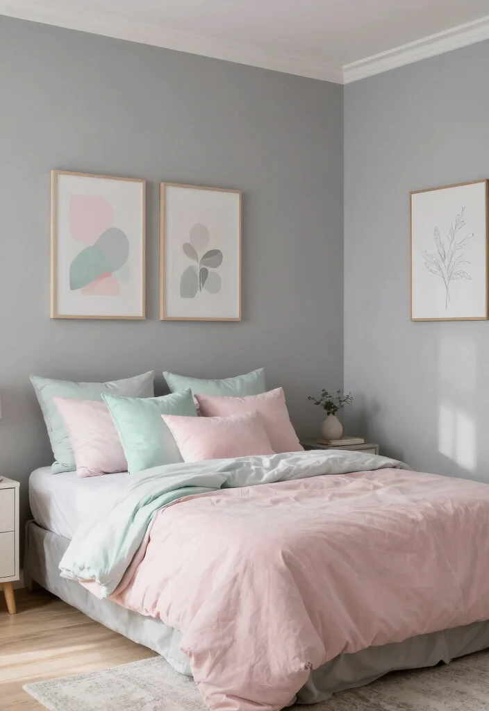 30 Grey Bedroom Ideas for a Calm Timeless Look 38 30 Grey Bedroom Ideas for a Calm Timeless Look 8. Grey and Pastel Combinations 0