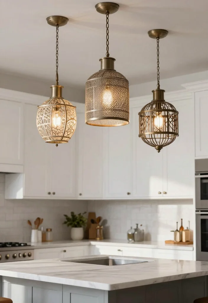 30 Kitchen Ideas with White Cabinets That Feel Timeless 13. Statement Lighting Fixtures 0