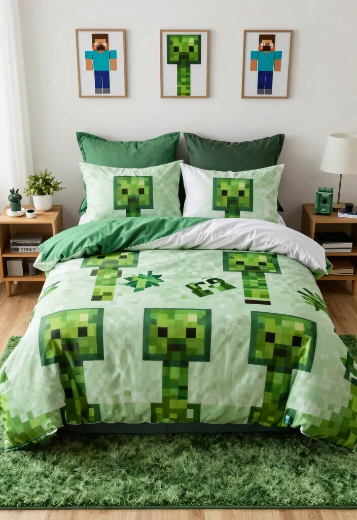 30 Minecraft Bedroom Ideas for Creative Gamers 3. Creeper Inspired Bedding 0