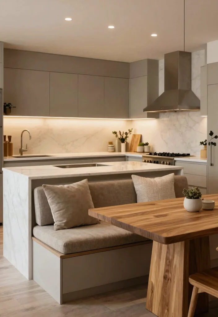 30 Small Kitchen Ideas with Islands That Work Beautifully 14. Built In Seating Islands for Cozy Dining 0