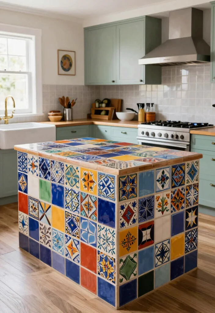30 Small Kitchen Ideas with Islands That Work Beautifully 22. Stylish Tile Top Islands for Artistic Flair 0