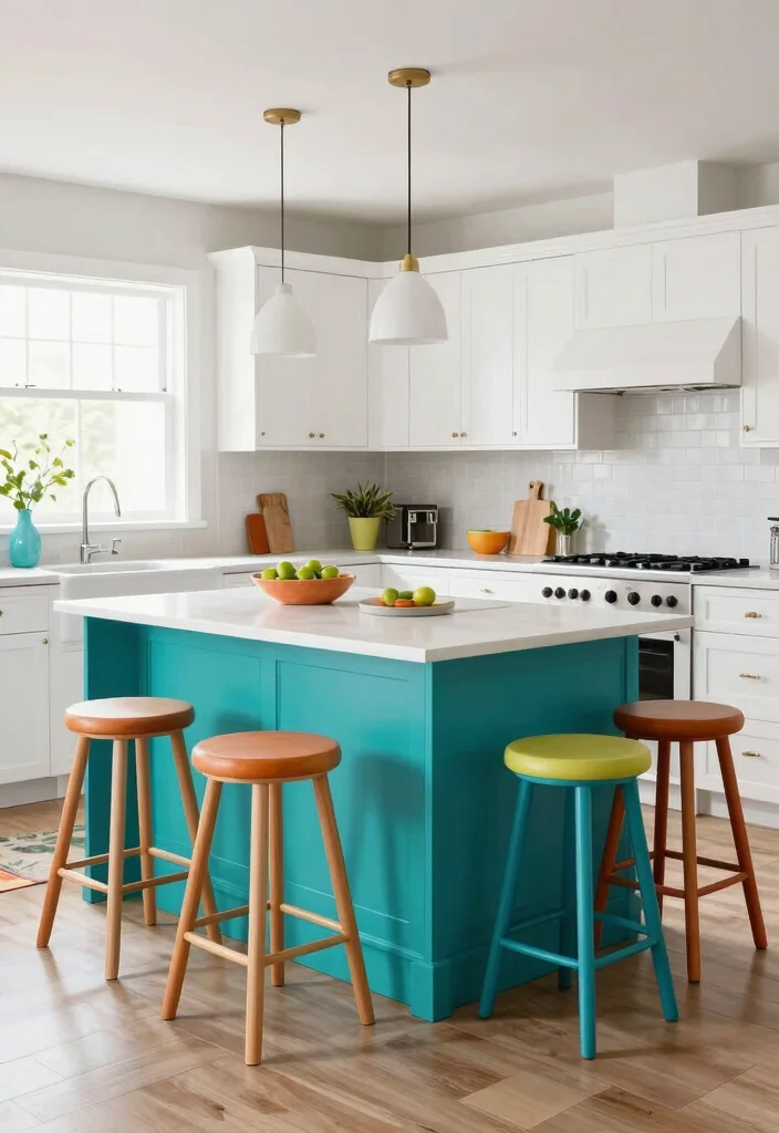 30 Small Kitchen Ideas with Islands That Work Beautifully 9. Color Pop Islands to Brighten the Space 0