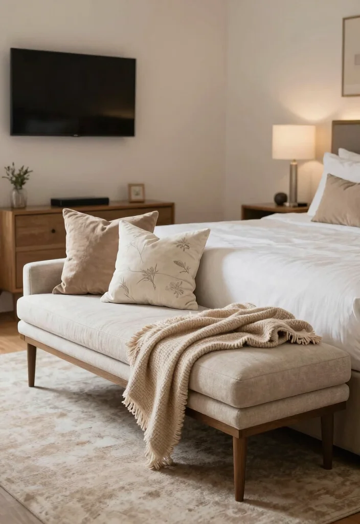 30 TV in Bedroom Ideas That Balance Comfort and Style 13. Cozy Bench Footrest 0