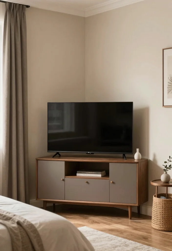 30 TV in Bedroom Ideas That Balance Comfort and Style 14. Chic Corner Cabinet 0