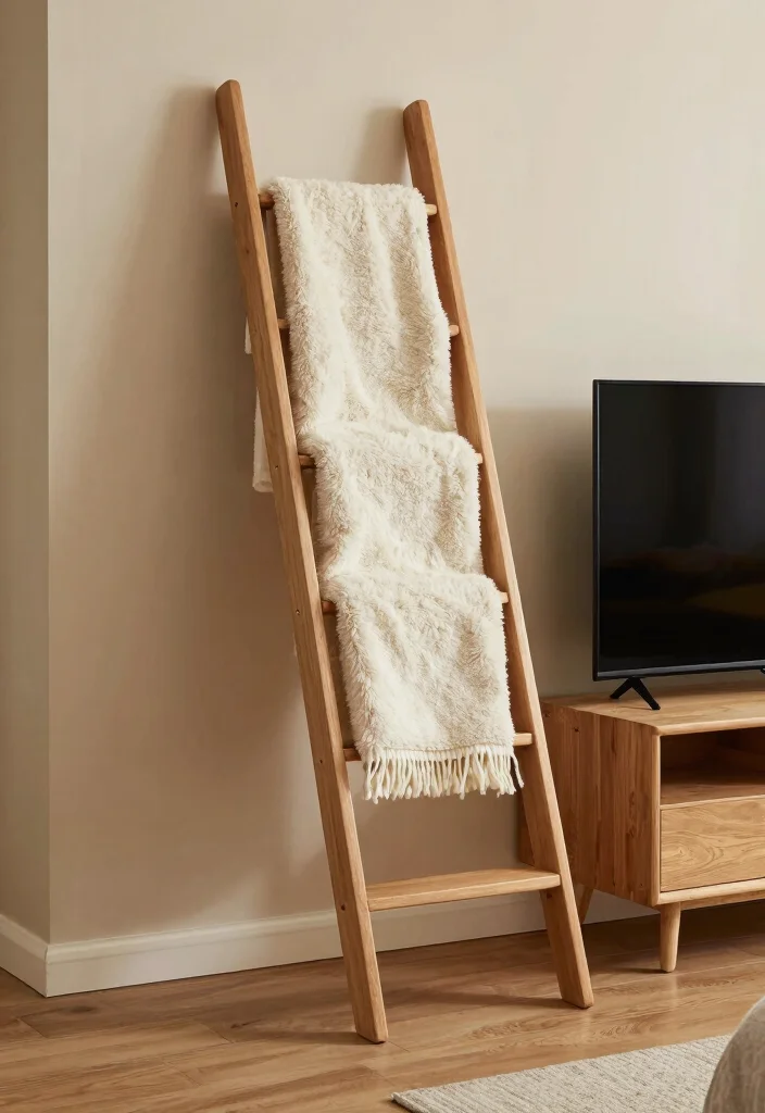 30 TV in Bedroom Ideas That Balance Comfort and Style 21. Cozy Blanket Ladder 0