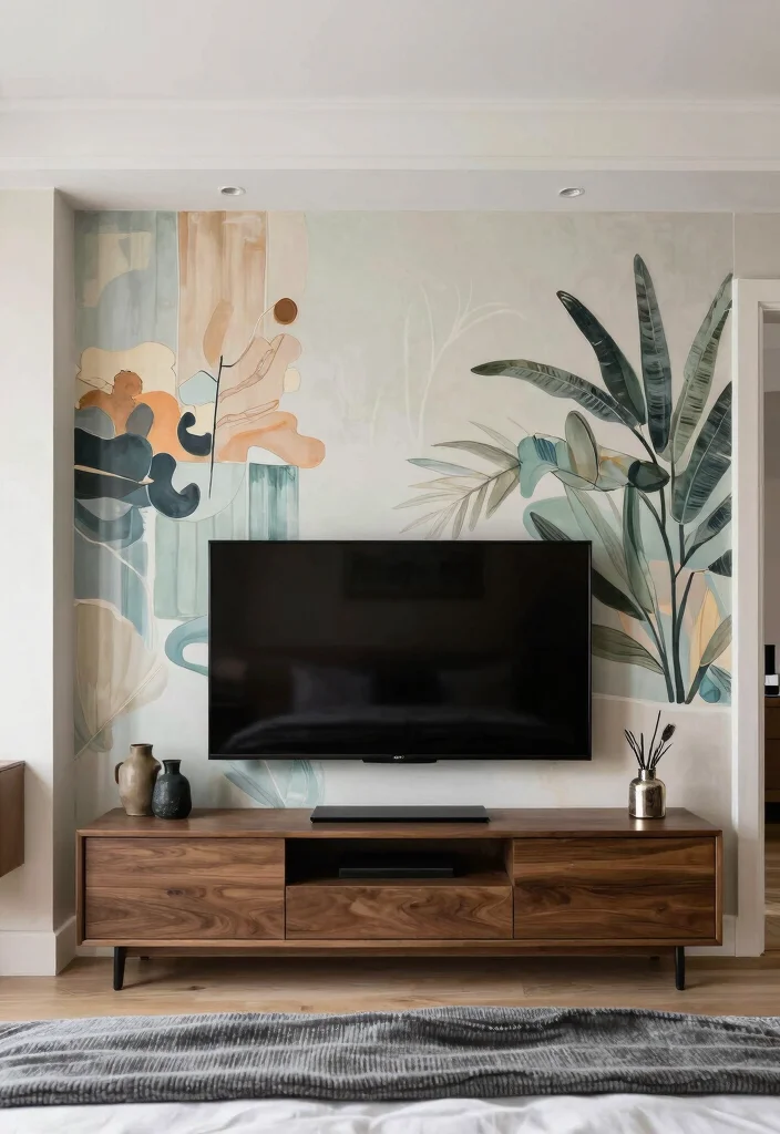 30 TV in Bedroom Ideas That Balance Comfort and Style 22. Artistic Wall Mural 0