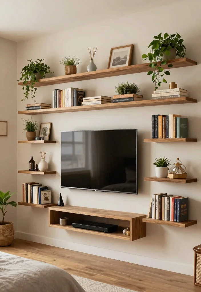 30 TV in Bedroom Ideas That Balance Comfort and Style 24. Decorative Wall Shelves 0