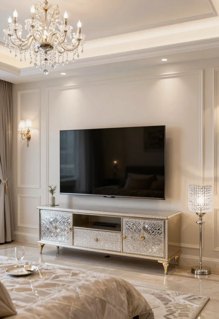 30 TV in Bedroom Ideas That Balance Comfort and Style 27. Glamorous Crystal Accents 0