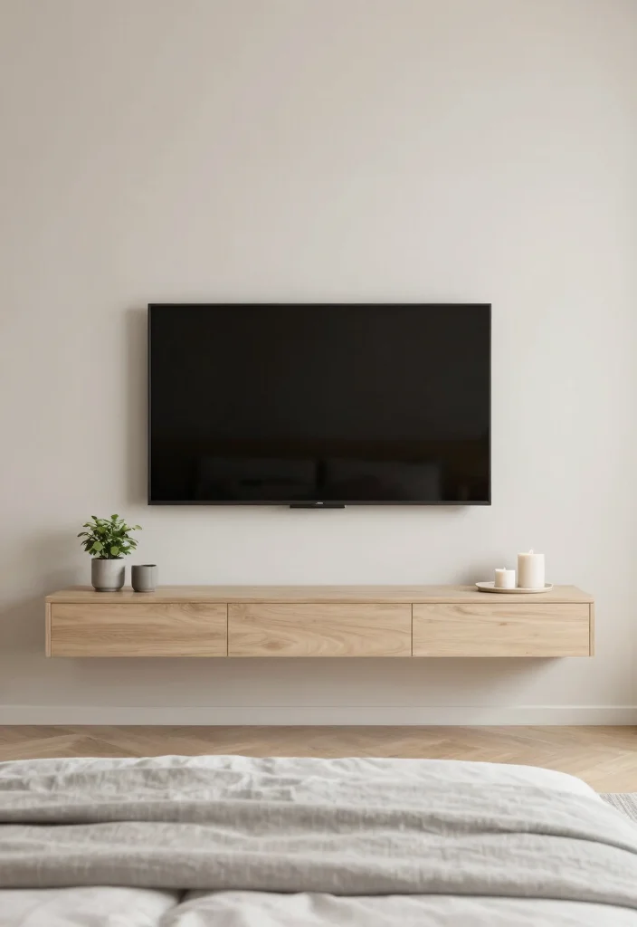 30 TV in Bedroom Ideas That Balance Comfort and Style 5. Minimalist Floating TV Shelf 0