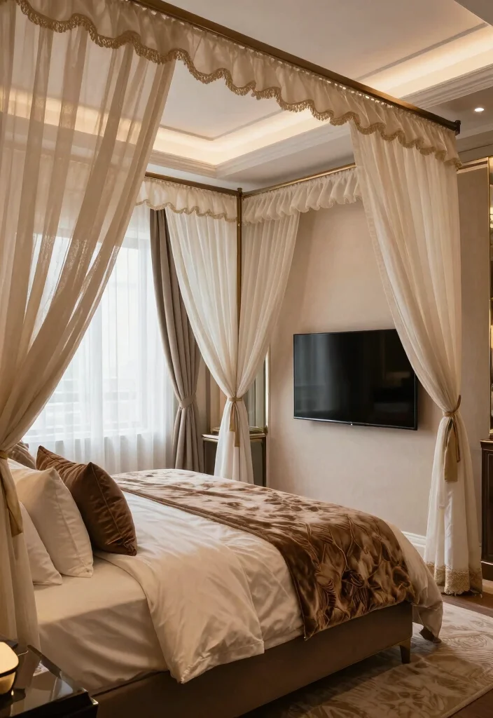 30 TV in Bedroom Ideas That Balance Comfort and Style 6. Elegant Canopy Bed with TV 0