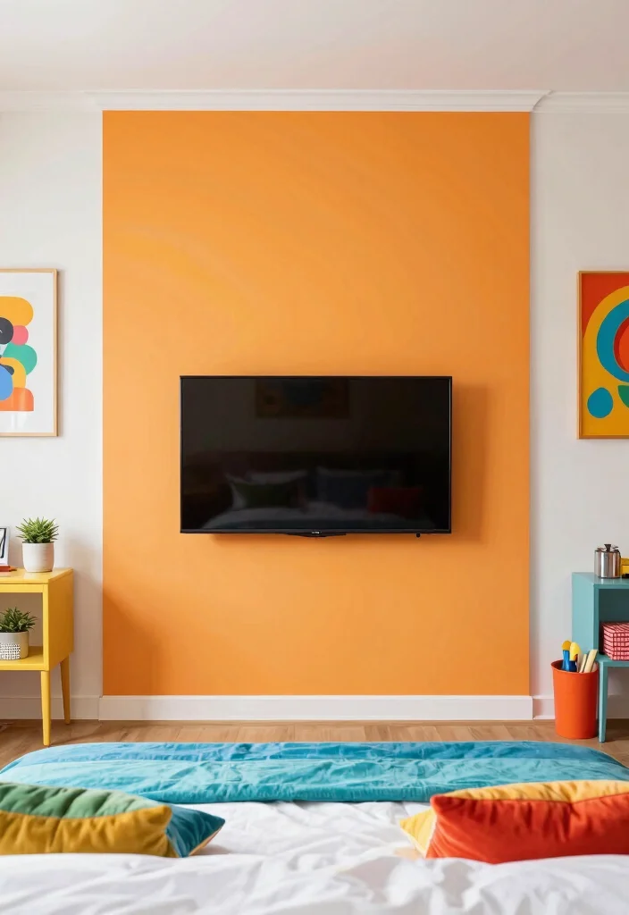 30 TV in Bedroom Ideas That Balance Comfort and Style 7. Fun Pop of Color 0