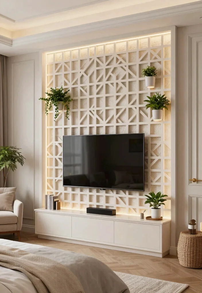 30 TV in Bedroom Ideas That Balance Comfort and Style 8. Stylish Lattice Wall 0