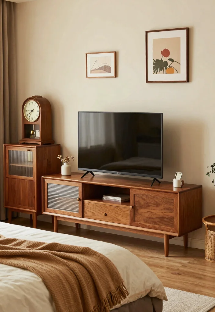 30 TV in Bedroom Ideas That Balance Comfort and Style 9. Vintage Meets Modern 0